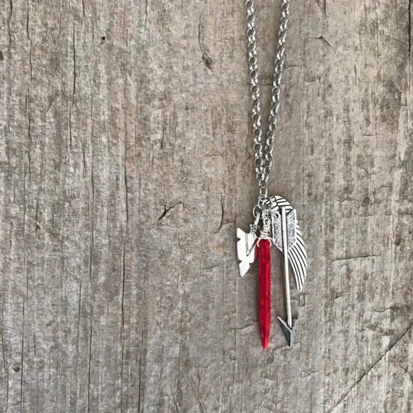Silvertone Charm Necklace with Red Stone Spike Unisex 24 Inch Chain - Picture 4 of 6